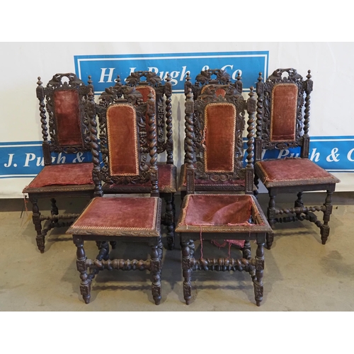 79 - 6- Heavily carved oak barley twist dining chairs