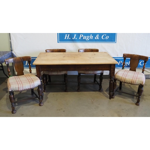 144 - Pine farmhouse table with 4 upholstered chairs