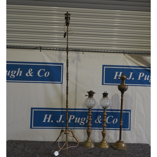 218 - 3- Brass oil lamps and brass standard lamp