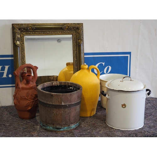 221 - Enamel bread bins, mirror and jars