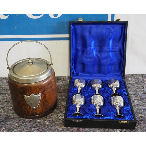 226 - Biscuit barrel and 6 silver plated goblets