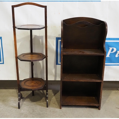 62 - Oak cake stand and small shelving unit