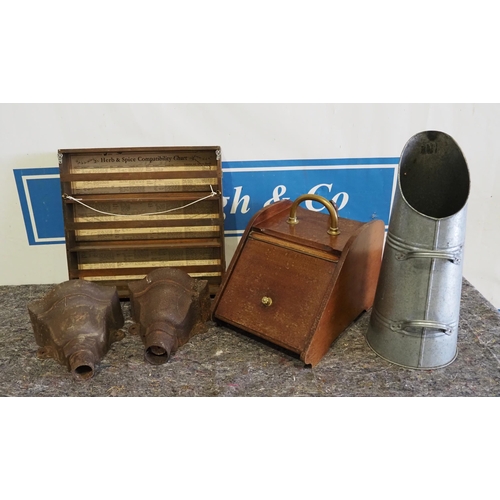 231 - 2 Cast iron rain hoppers, spice rack, coal scuttle etc.