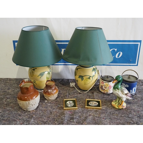 234 - Pair of table lamps, 2 stoneware jars, Wedgwood biscuit barrel etc.