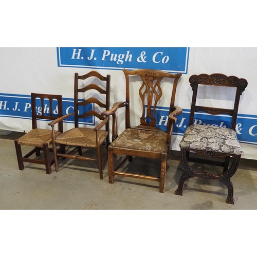 92 - Elm upholstered armchair, rush seated ladder back chair and 2 others