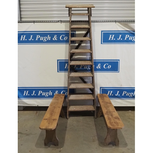 197 - Large pine stepladder and 2 pine benches