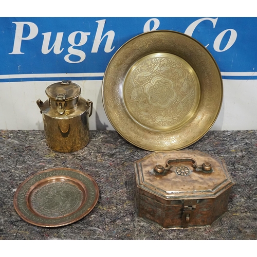 246 - Brass plates and brass spice caddy etc.