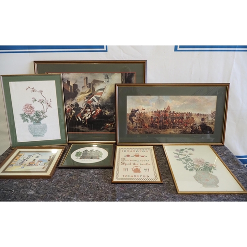 4 Framed tapestries, 2 Framed prints and framed watercolour