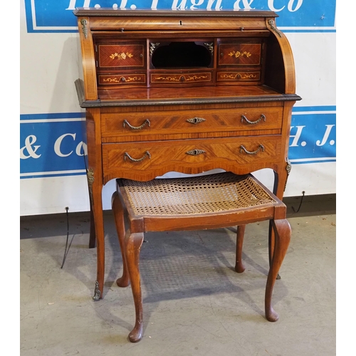 172 - Inlaid ladies writing desk and rush seated stool