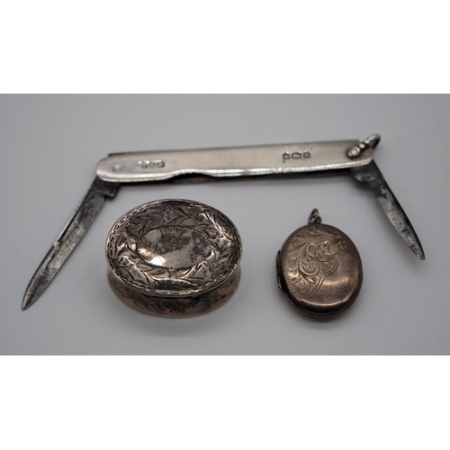 275 - Hallmarked silver fruit knife, pill box and silver locket. Approx 24g