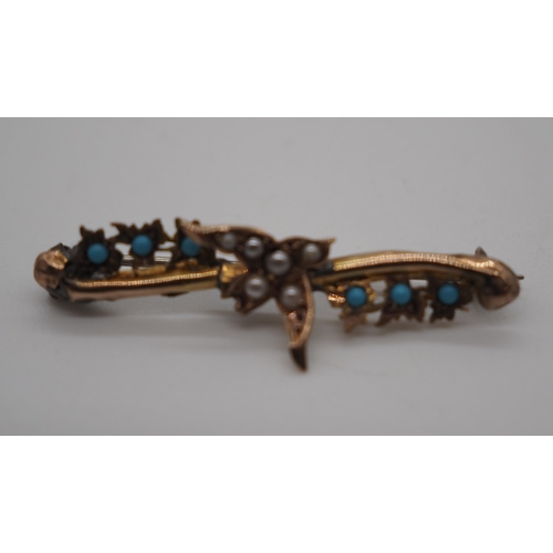 310 - 9ct Gold, turquoise and seed pearl swallow brooch