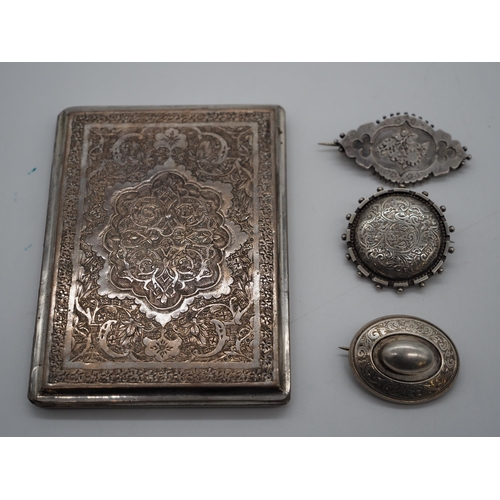 378 - 3- Silver brooches and white metal eastern style cigar case