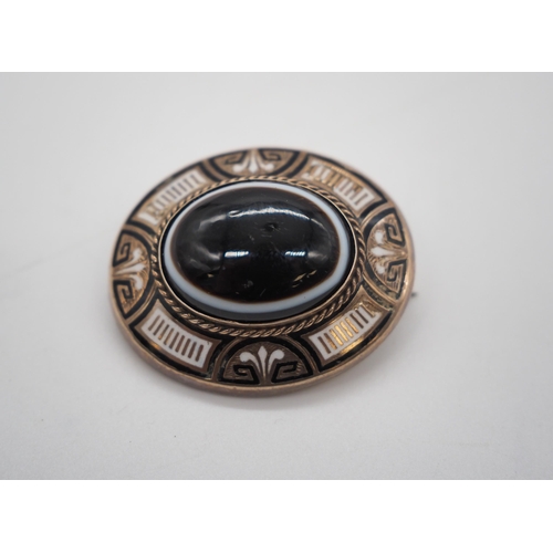 384 - Victorian mourning brooch with black and white enamel centre