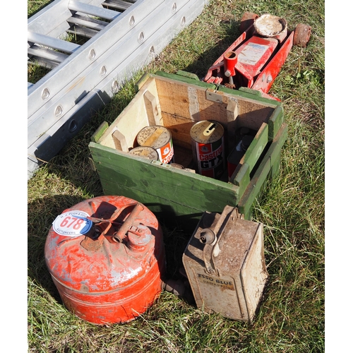 678 - Oil and petrol cans, jacks, etc