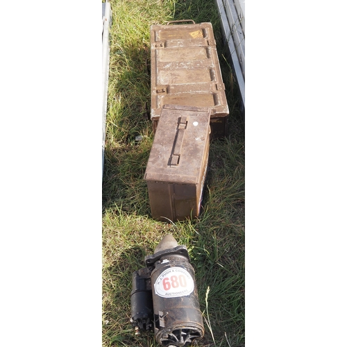 680 - Starter motor and 2 ammo boxes with contents