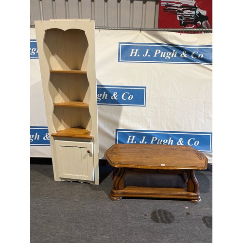 509 - Pine corner cupboard and oak coffee table