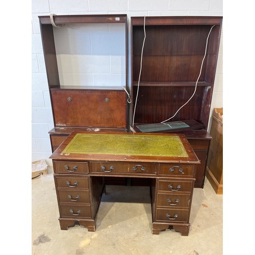 515 - Modern leather top twin pedestal desk & 2 wall units