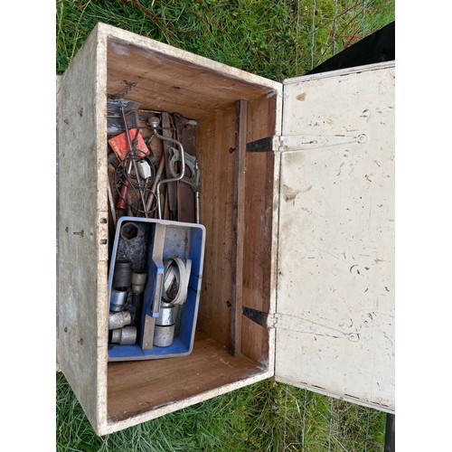 308 - Wooden tool box with assorted tools on castors