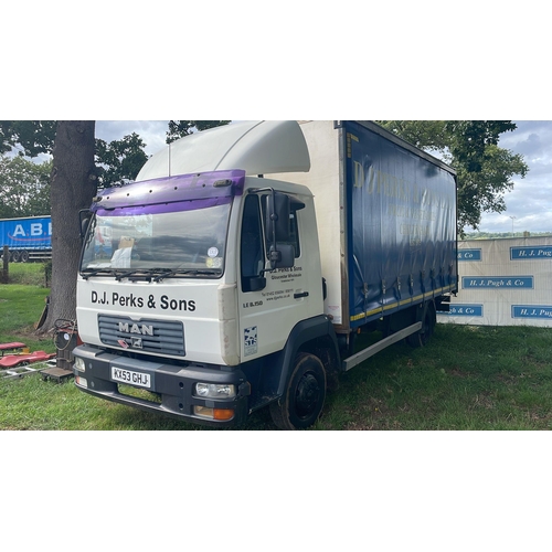 2303 - MAN LE 8.150 curtain side lorry, 7,5 tonne. runs & drives well, MOT till 31/03/23, Reg KX53 GHJ. V5