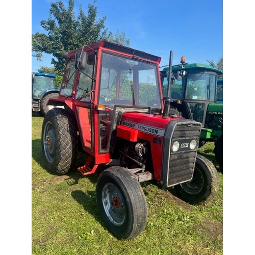 449 - Massey Ferguson 250 tractor with cab. Runs. On rear grass tyres. 5591 hours showing. Reg KYB 495Y