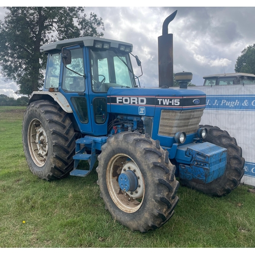 Ford TW-15 generation two tractor. Runs & drives well, showing 6185 hours, fitted with Ford super Q cab, very sound throughout, PAVT wheel centres, rear internal and external wheel weights, PUH, twin assistor rams, front weights, reg G70 JEG.