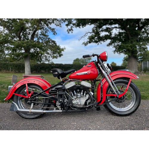 Harley Davidson 45 750 V-Twin motorcycle.  1947.
Frame No- 421646
Engine No-42WLC1646
Property of a deceased estate.
c/w Service manual, Loads of old invoices, MOT papers, tax discs, letters and history. Reg MFC 334. V5 & Old log book