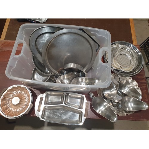 299 - Assorted silver plate and stainless steel plates and jugs