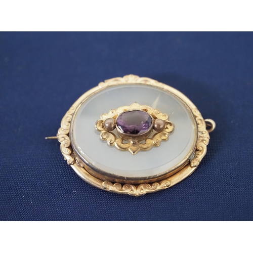 231 - Yellow metal mother of pearl amethyst brooch