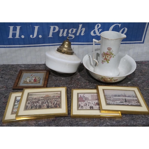 298 - Wash set, light fitting and assorted framed prints