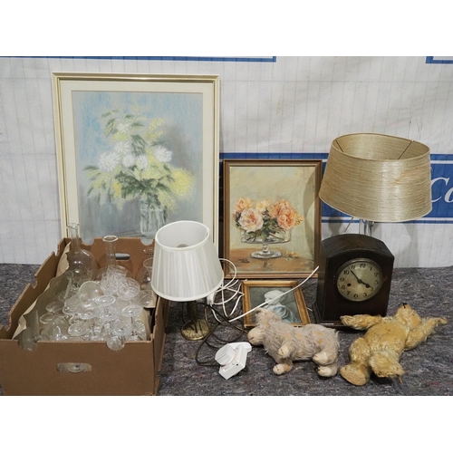 302 - Assorted glassware, mantel clock and vintage teddies