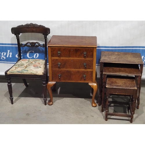 329 - Reproduction chest of 3 drawers, oak nest of 3 tables and a mahogany chair