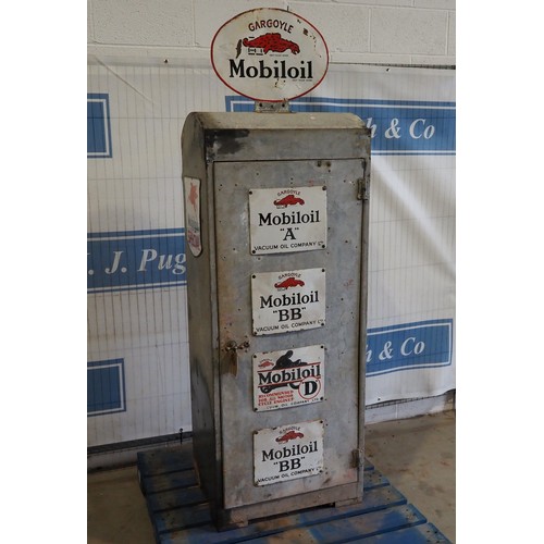 511 - Gargoyle Mobiloil cabinet with 7 enamel signs