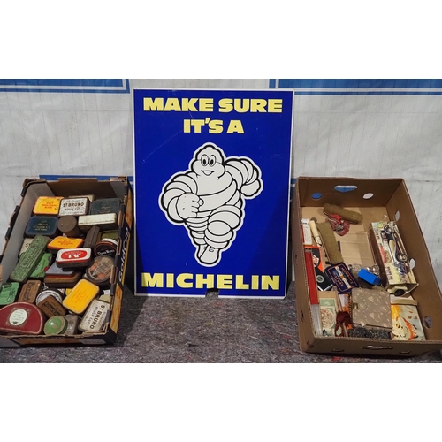 141 - Plastic sign - Michelin and 2 boxes of assorted collectibles