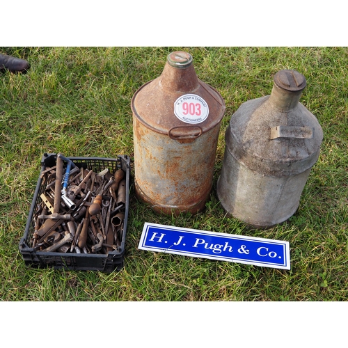 903 - 2- Petrol cans and assorted hand tools