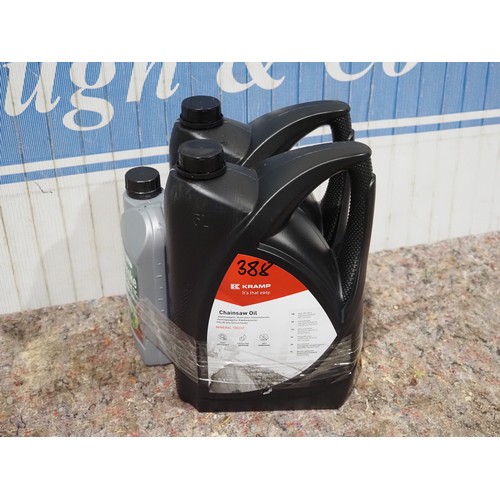 388 - 2 - 5ltr Chainsaw oil and 1 ltr 2 stroke oil
