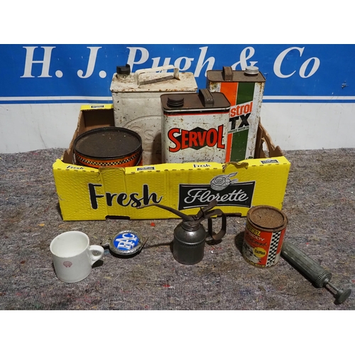 191 - Vigzol grease tin, Esso 2 gallon can, AA badge and other tins