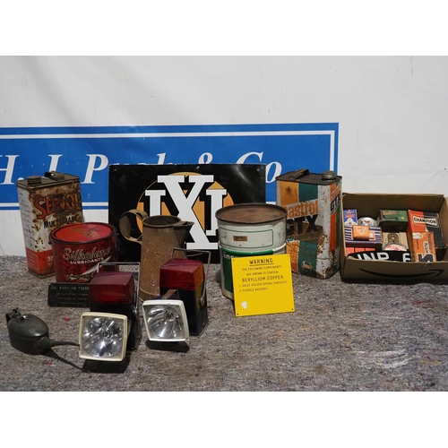 192 - Sign, lights, cans and spark plugs
