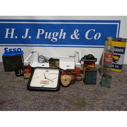193 - Champion clock, BP Grease tin, lamps, number plates & Shell glass bottle. Plastic Bosch sign