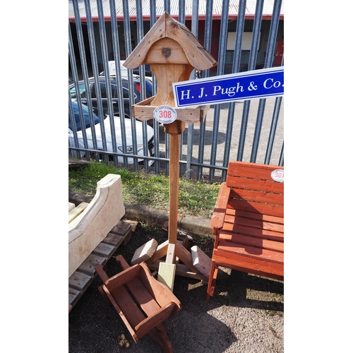 308 - Bird table and wooden garden wheelbarrow