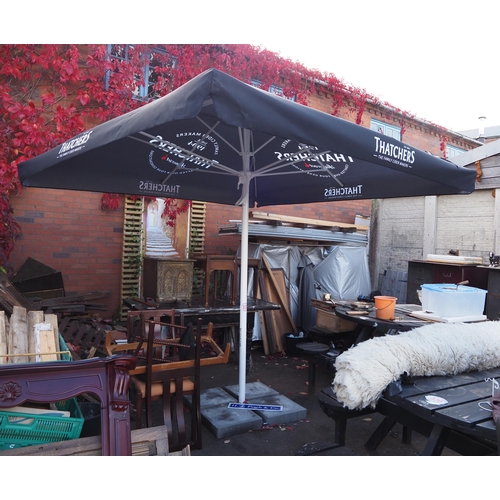 372 - Large pub umbrella with stand and 4 weights