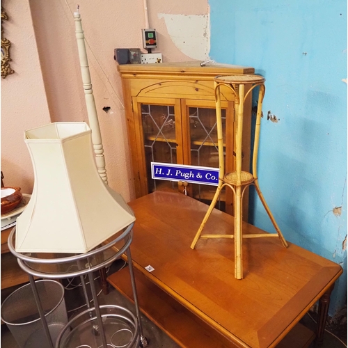 76 - Pine corner cabinet, coffee table and standard lamp etc.