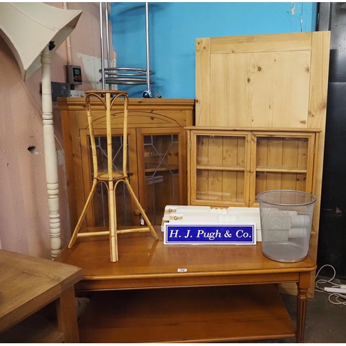 76 - Pine corner cabinet, coffee table and standard lamp etc.