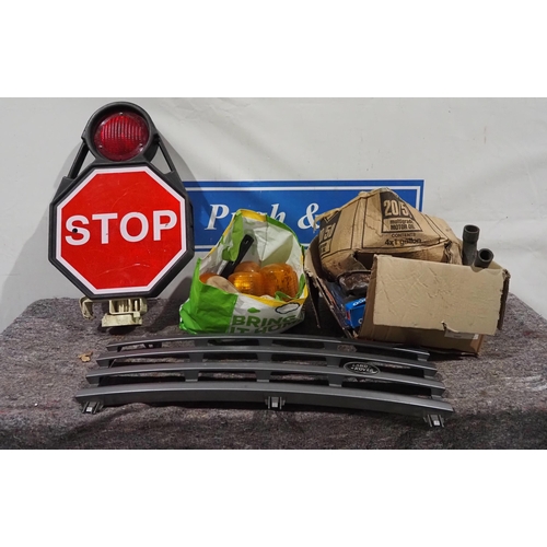 391 - Land Rover grille, stop sign and assorted tubes etc.