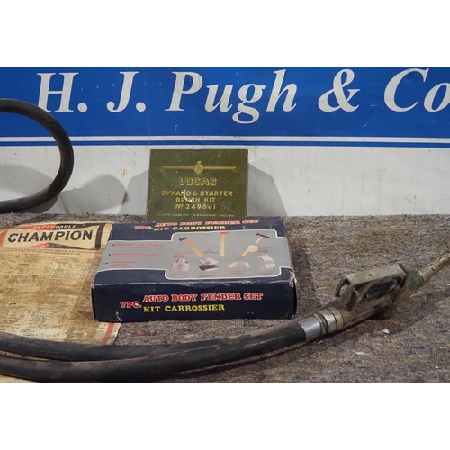 423 - Goodyear petrol fuel hose and nozzle and auto body fender set etc.