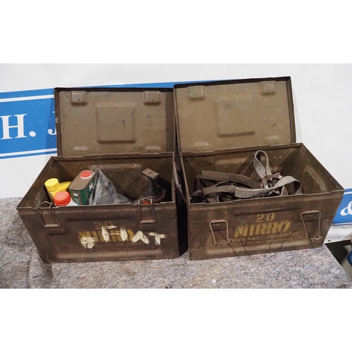 436 - Steel ammunition box containing oils, 2 jacks etc.