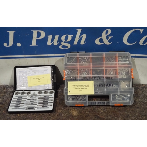 BSF tap and die set and BSF nuts, bolts, helicoil inserts NOS
