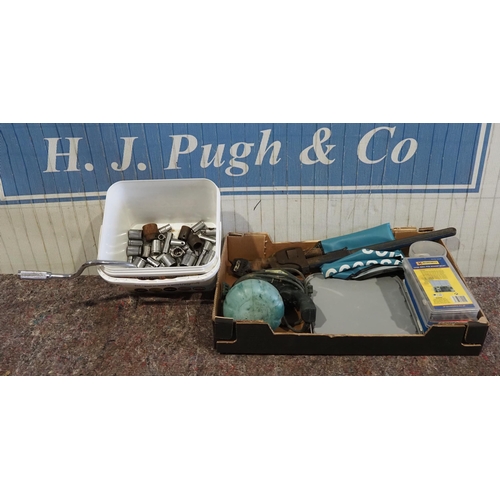 312 - Box of mixed tools, mixed fittings, spray gun and mechanics car protector etc.