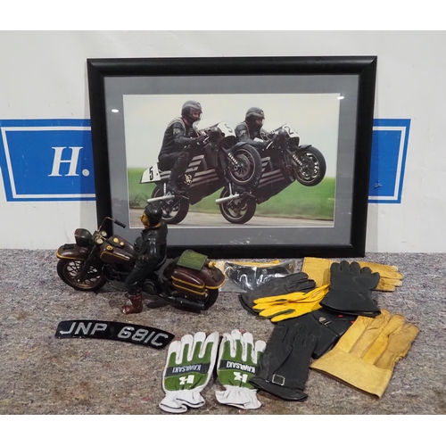 674 - Formula one champions 1989 print, number plate, gloves and wooden motorcycle model with figure