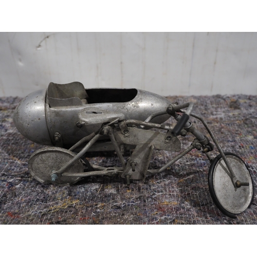 676 - Early French manufactured motorcycle and sidecar model, made from tin and aluminium