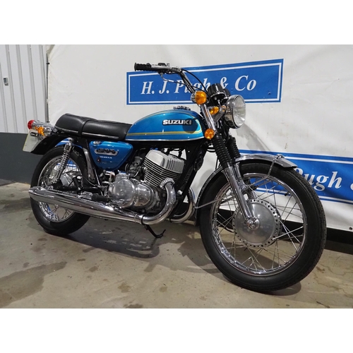 866 - Suzuki T500 motorcycle. 1975. 
Frame No. 83929
Engine No. 83475
Has had a complete rebuild, runs and... 